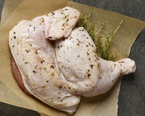 Roasted Split Chickens with Creamy Red Lentils and Browned Scallions