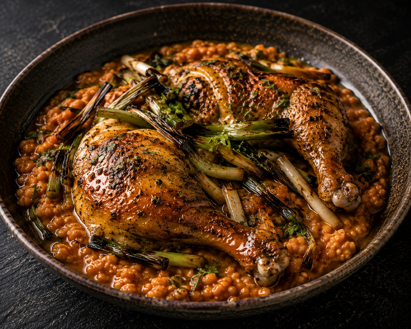 Roasted Split Chickens with Creamy Red Lentils and Browned Scallions