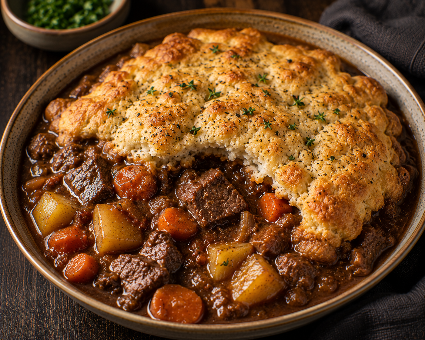 Beef Stew Topped with Black Pepper Biscuit Crust