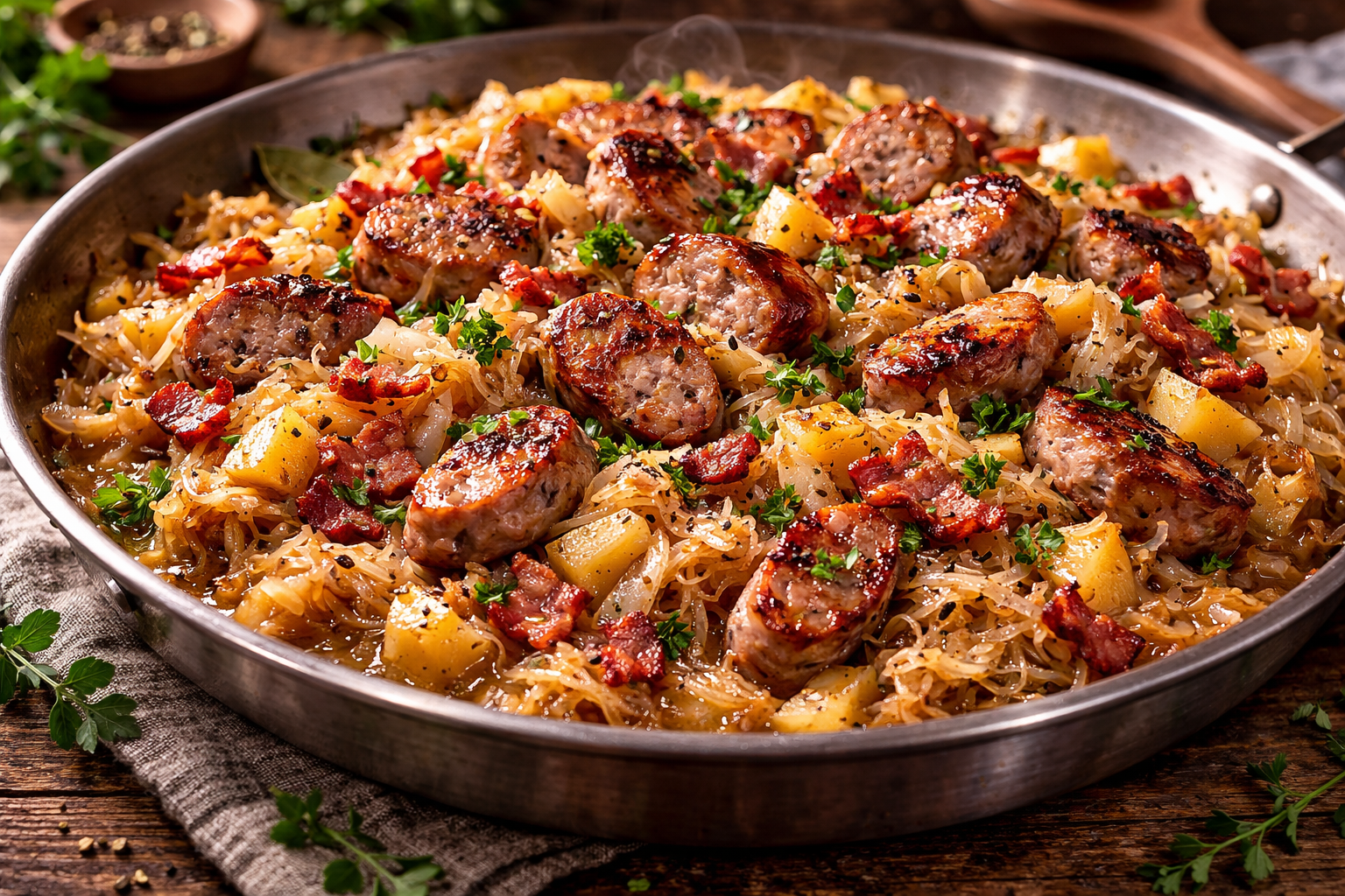 Sautéed German Sausages with Bacon and Apple Sauerkraut
