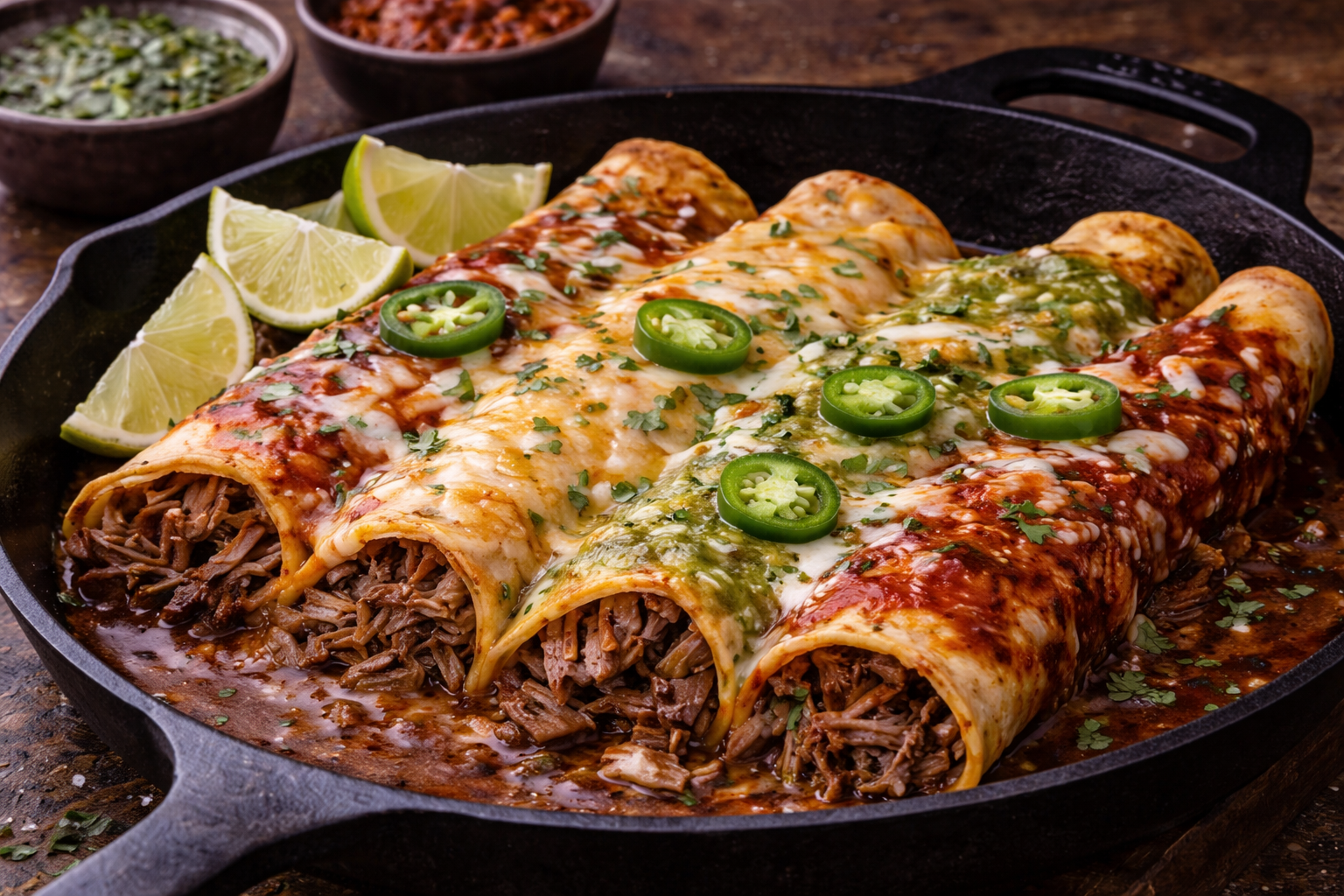 Beef Enchiladas with Red and Green Sauces