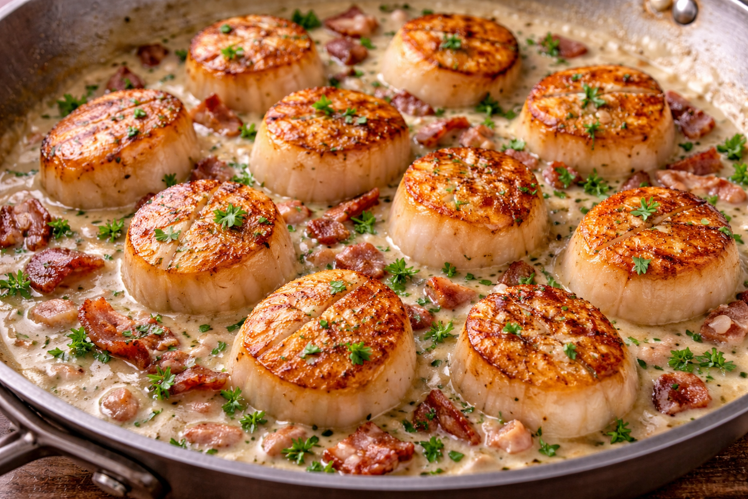 Pan-Seared Sea Scallops with Bacon-Cream Sauce