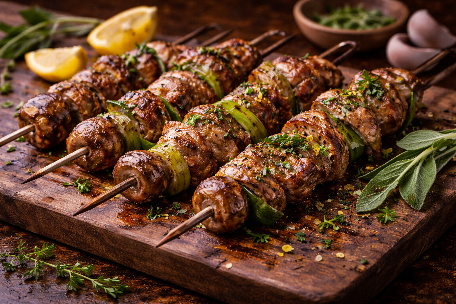 Veal and Mushroom Brochettes with Fresh Sage