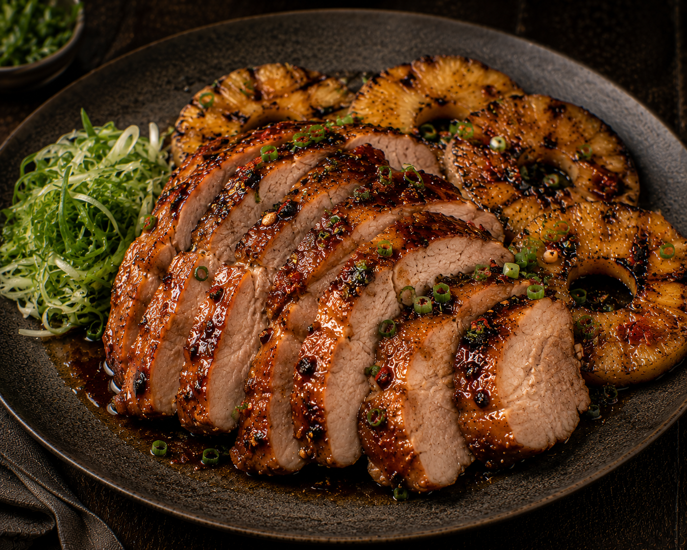 Fiery Asian-Style Pork Loin Roast with Grilled Pineapple