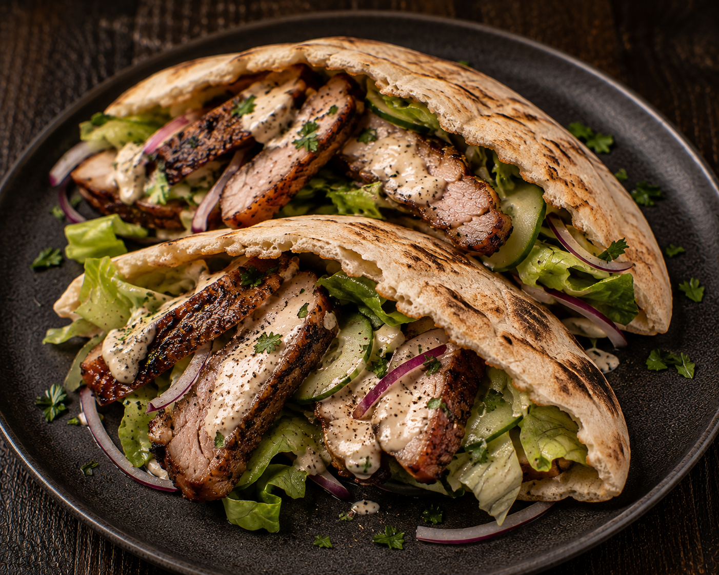 Pita Sandwiches with Pork Cutlets and Tahini Sauce
