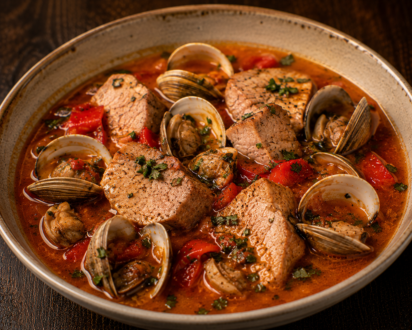 Pork with Cockles in Sweet Red Pepper Sauce