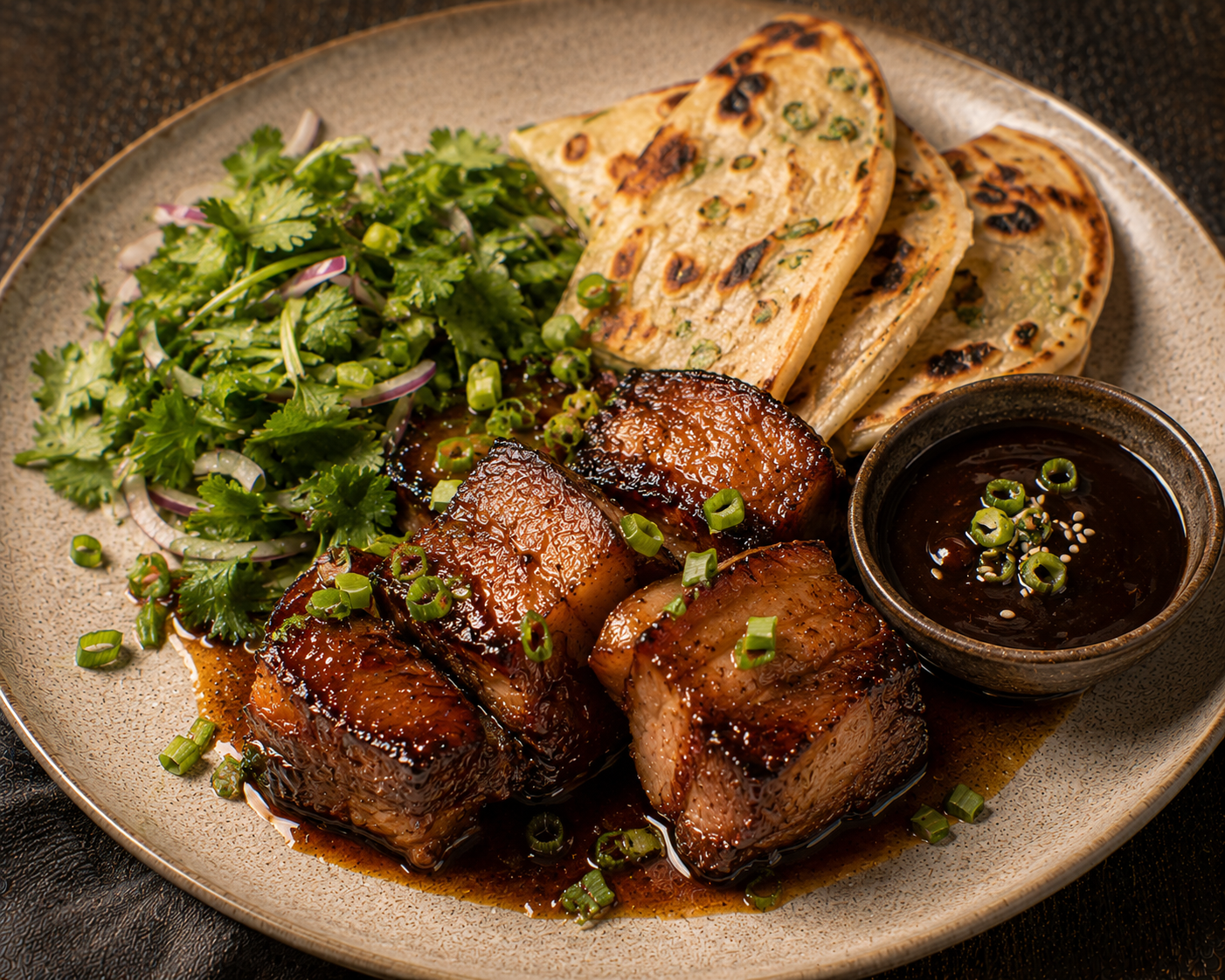 Slow Cooked Pork Belly with Hoisen, Scallion Pancake, and Cilantro Salad
