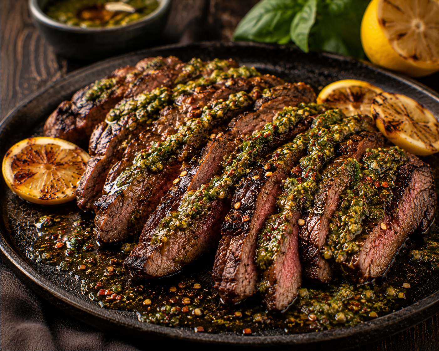 Spicy Lemon Pesto Flat Iron Steaks