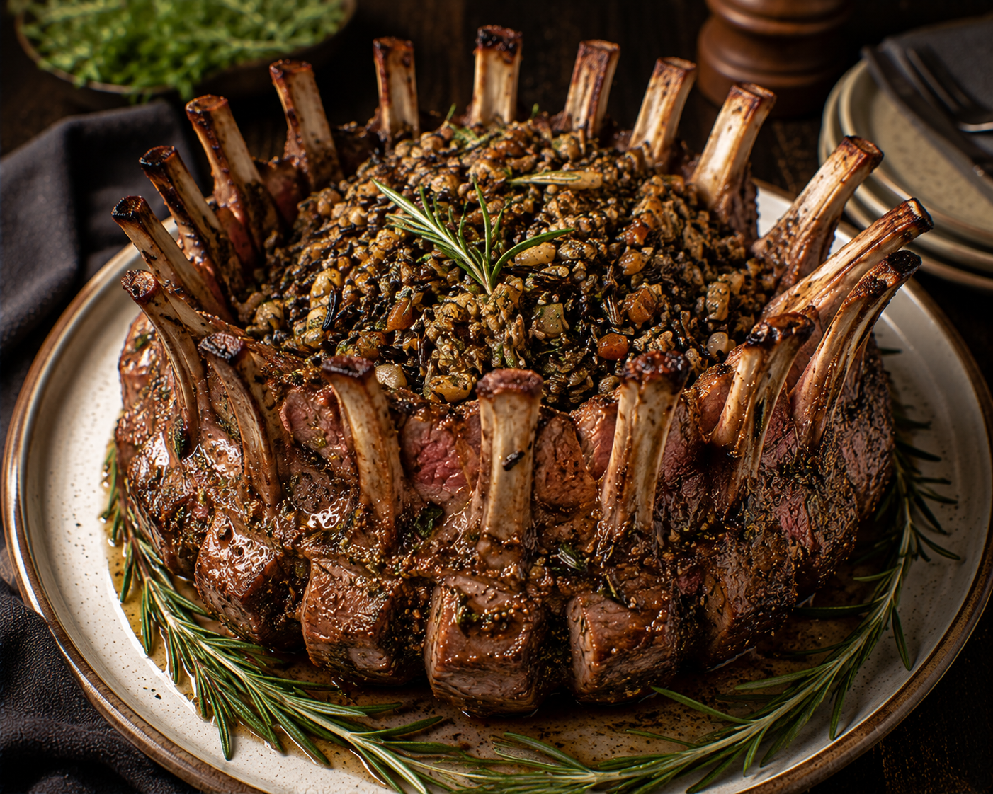 Triple Crown Roast of Lamb with Wild Rice Stuffing