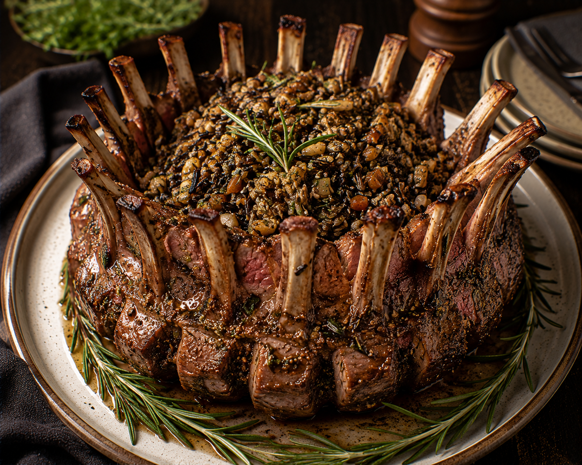 Triple Crown Roast of Lamb with Wild Rice Stuffing