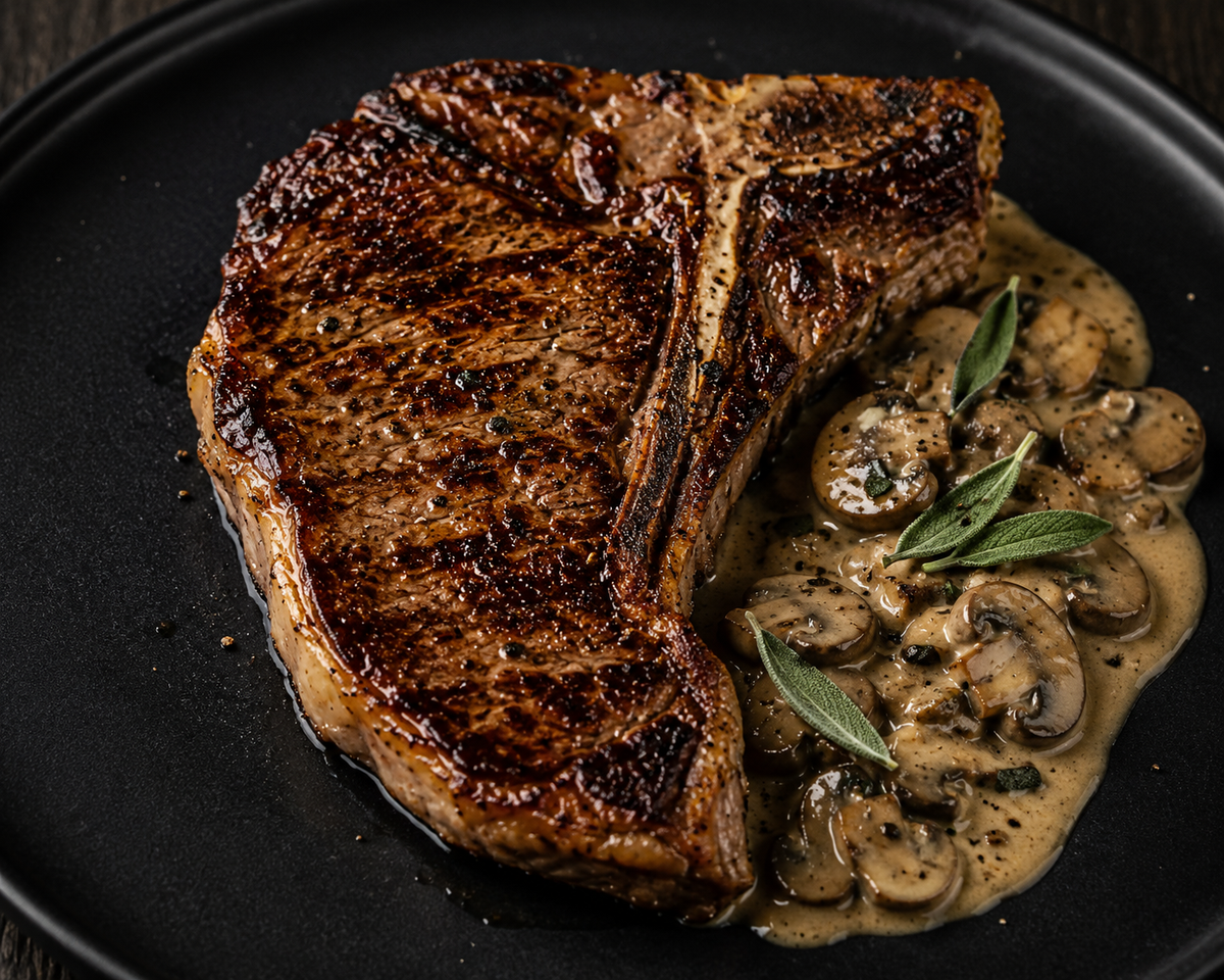 T-Bone for Two with Mushroom Sage Sauce