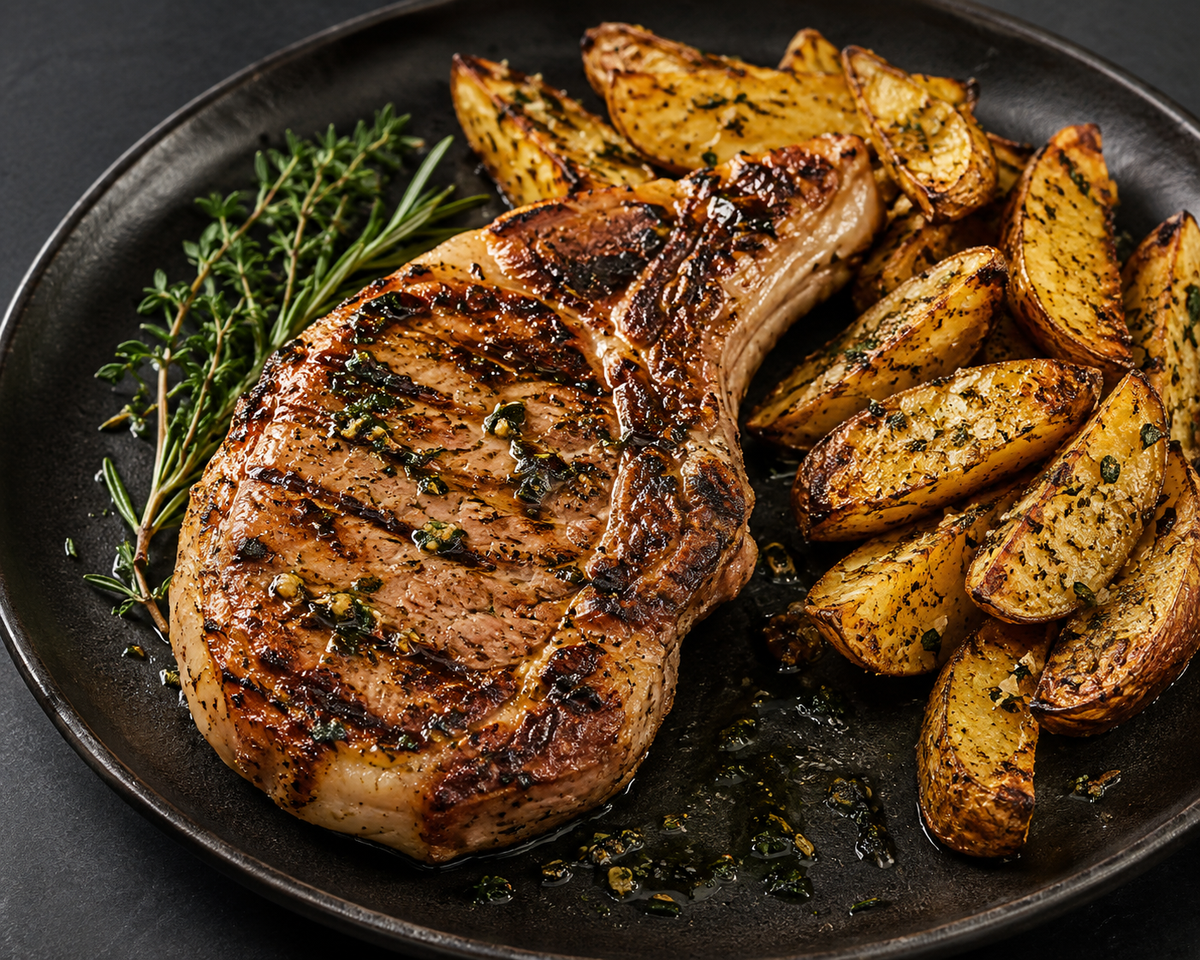 Grilled Marinated Pork Chops with Fresh Herbs and Garlic Potato Wedges