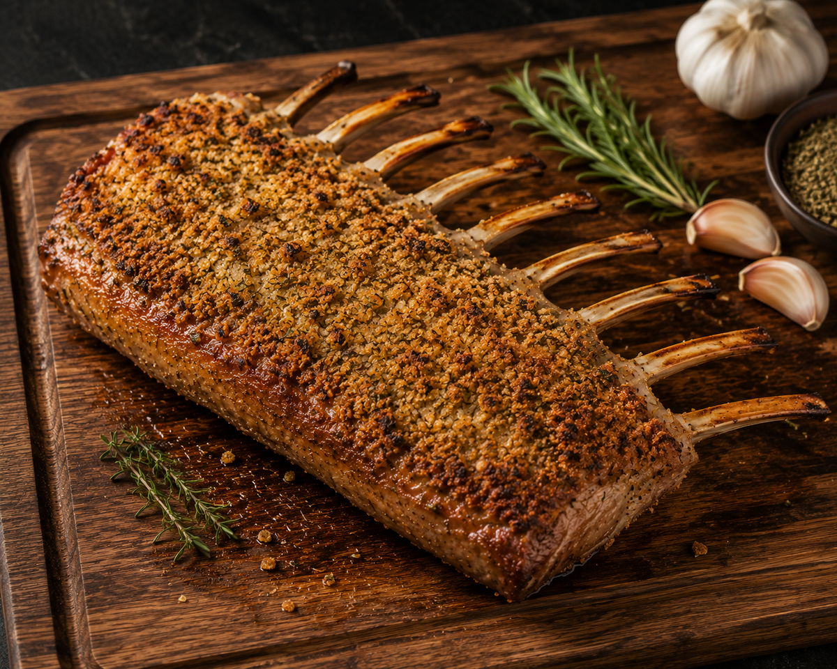 Frenched Rack of Lamb with Herbs and Bread Crumbs