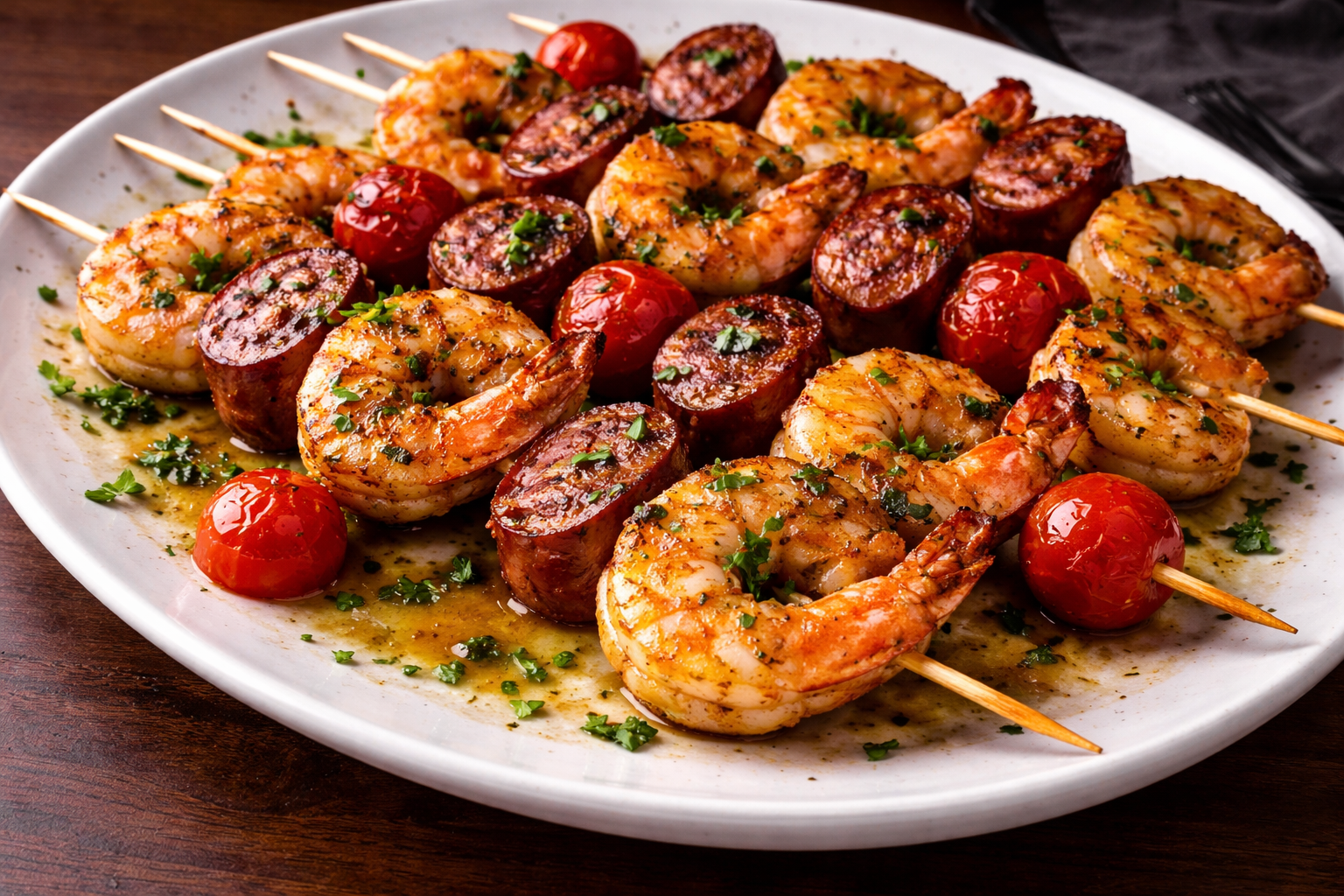 Shrimp and Andouille Skewers with Roasted Tomatoes