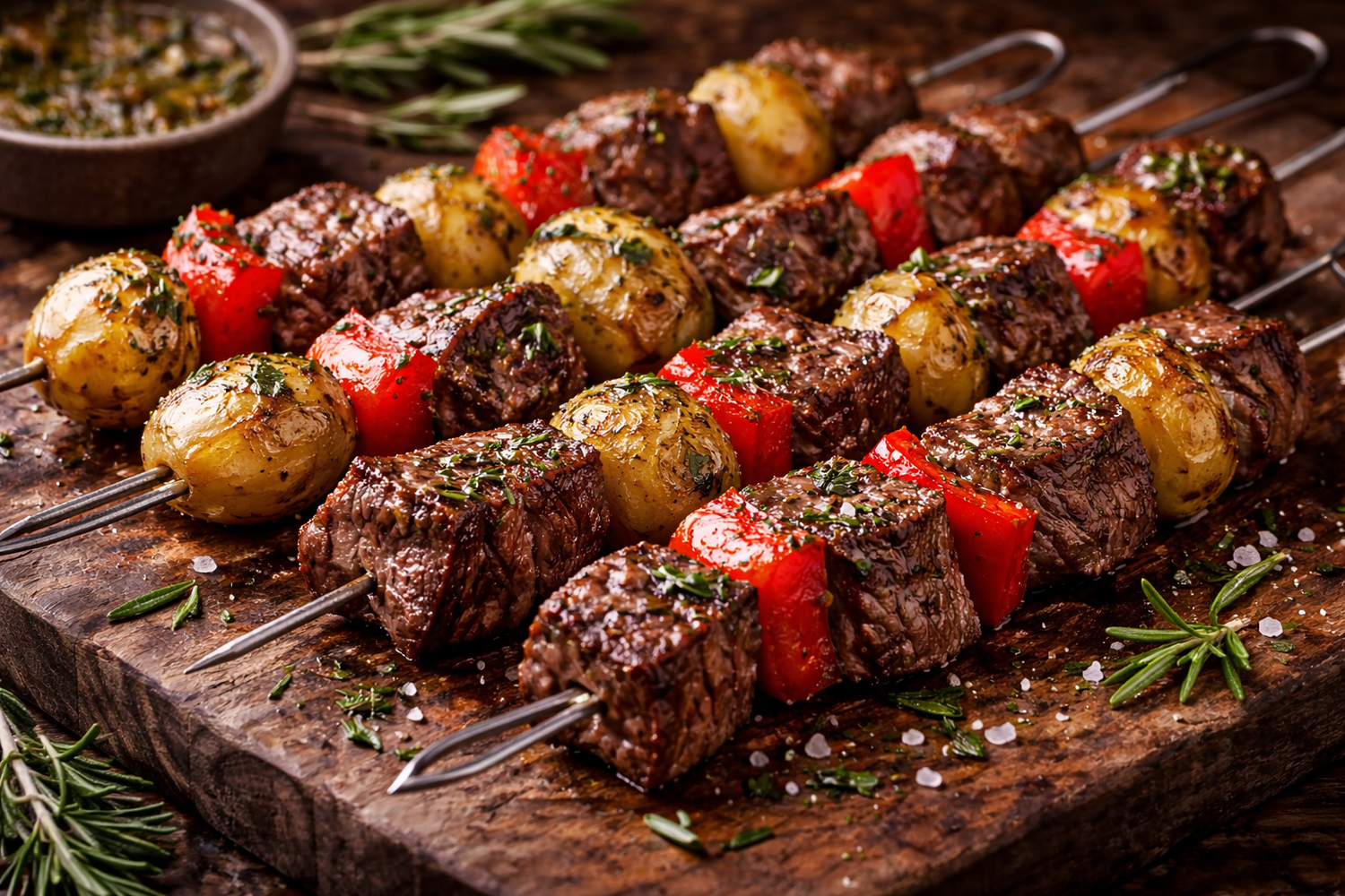 Tenderloin Kabobs with Rosemary-Brushed Potatoes and Red Peppers